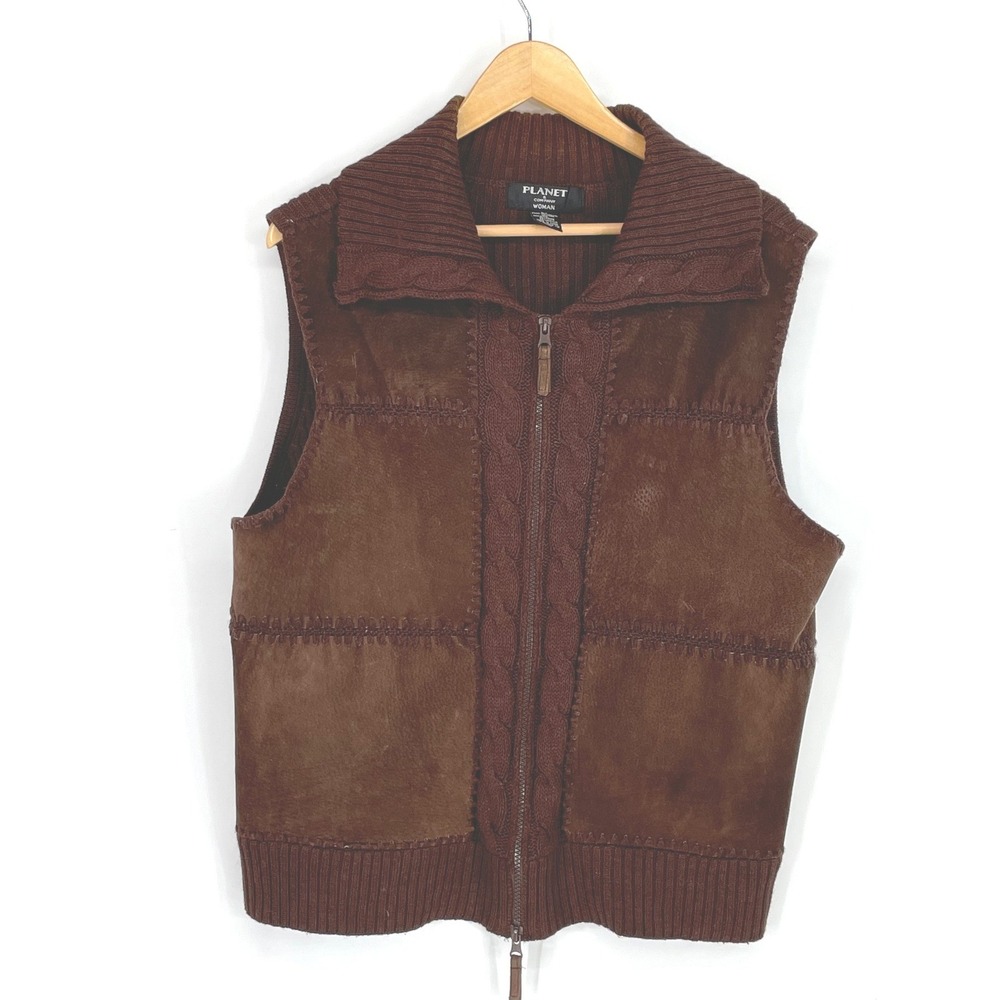 Planet & Company Women Vest 2X Full Zip Brown Leather Suede Knit Trim Western